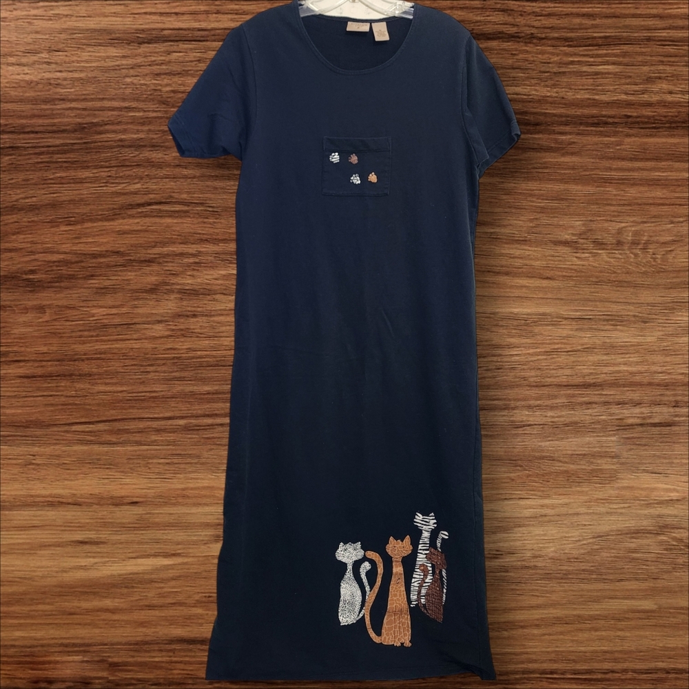 Vintage Moutain Lake cat print short sleeve maxi shirt dress woman's size medium - Picture 1 of 12